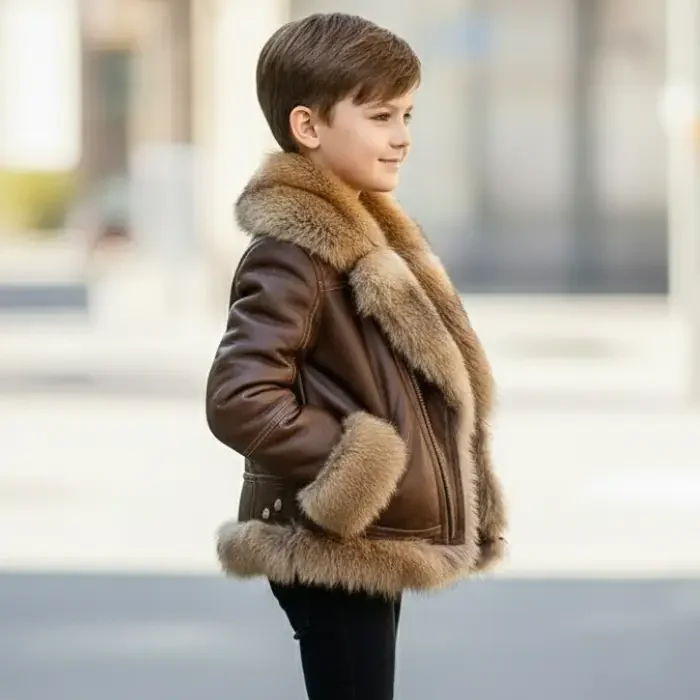 Children's Aviator Bomber-Style Leather Jacket with a Fur Collar, Kids Leather Jackets side