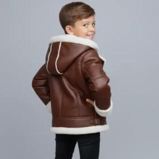 Children’s Brown Aviator Sheepskin Jacket with Hood-unisex back