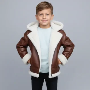 Children’s Brown Aviator Sheepskin Jacket with Hood-unisex front