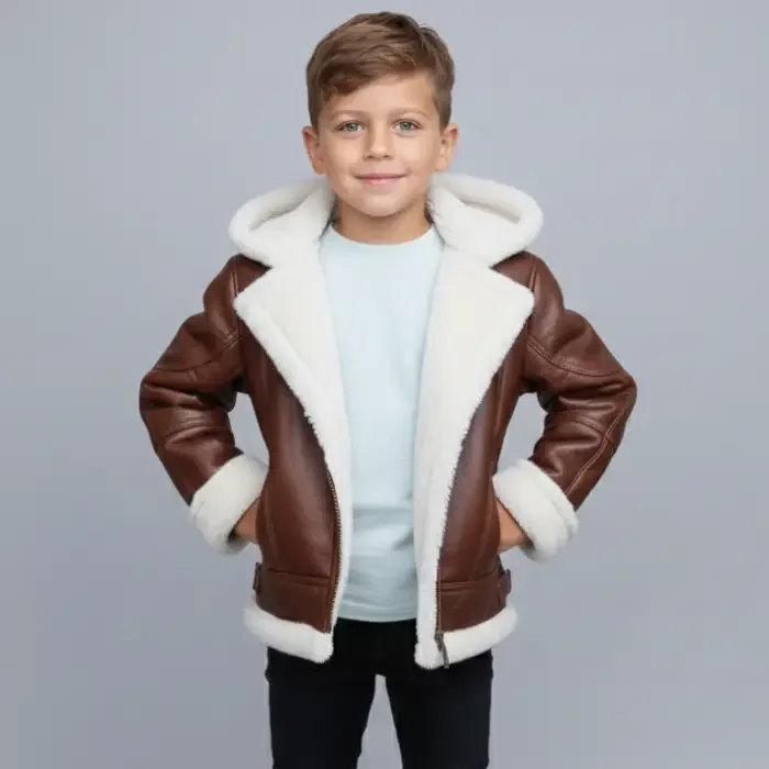 Children’s Brown Aviator Sheepskin Jacket with Hood-unisex front