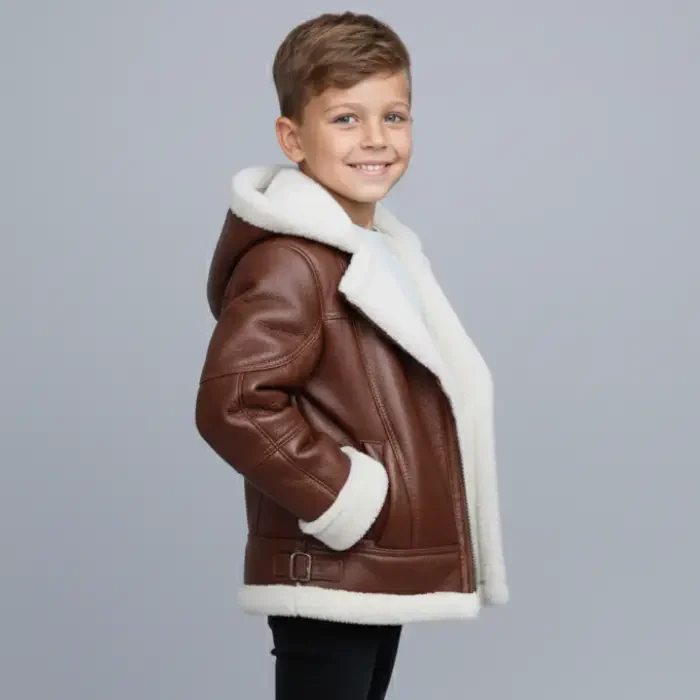 Children’s Brown Aviator Sheepskin Jacket with Hood-unisex side