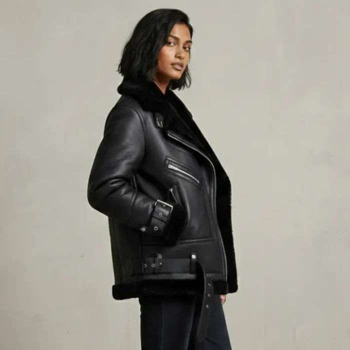 Black Women B3 RAF Aviator Styled Sheepskin Shearling Leather Jacket side