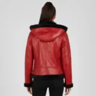 Women's Red Bomber Shearling Leather Jacket with Hood back