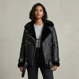 Black Women B3 RAF Aviator Styled Sheepskin Shearling Leather Jacket front