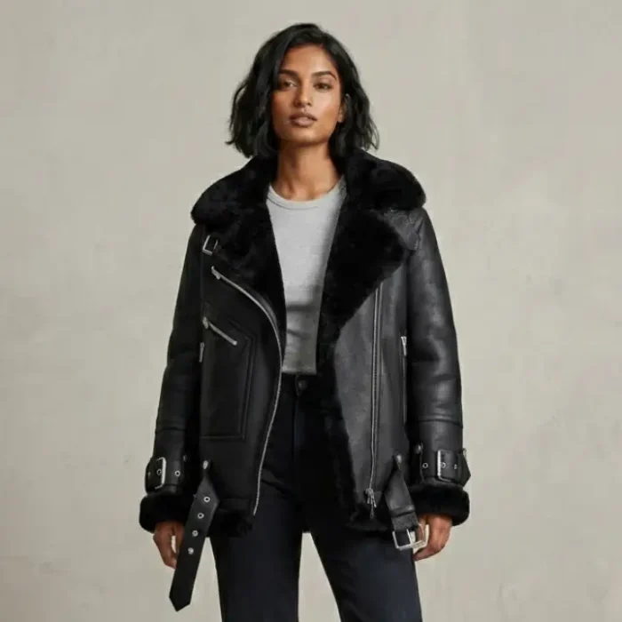 Black Women B3 RAF Aviator Styled Sheepskin Shearling Leather Jacket front
