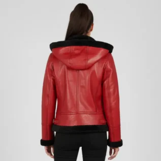Women's Red Bomber Shearling Leather Jacket with Hood back