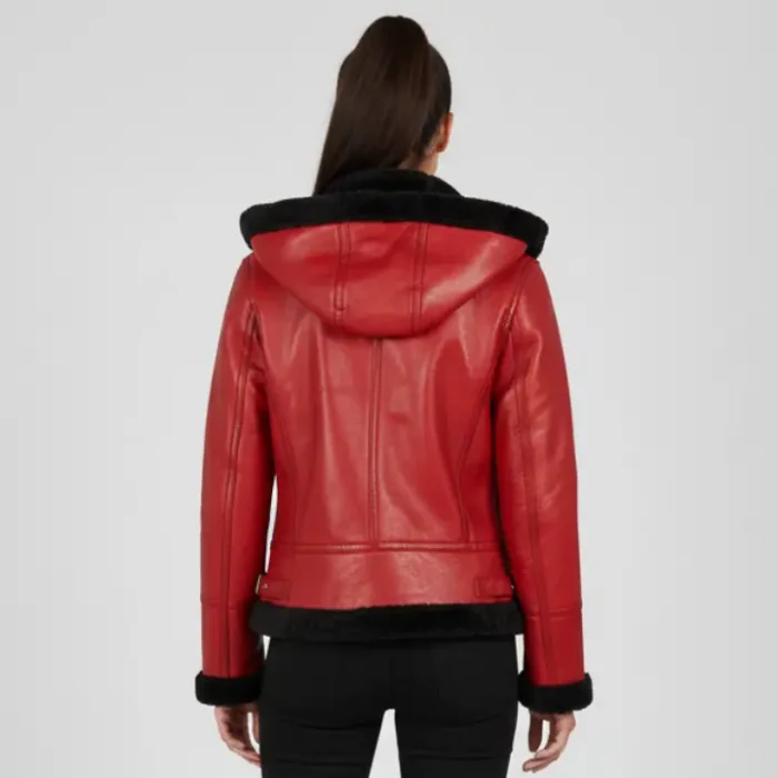 Women's Red Bomber Shearling Leather Jacket with Hood back