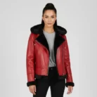Women's Red Bomber Shearling Leather Jacket with Hood front