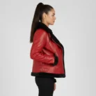 Women's Red Bomber Shearling Leather Jacket with Hood side