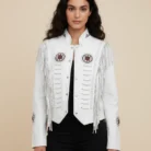 Classyak Women Western Leather Jacket, Fringed & Bones, A Grade Suede Leather front