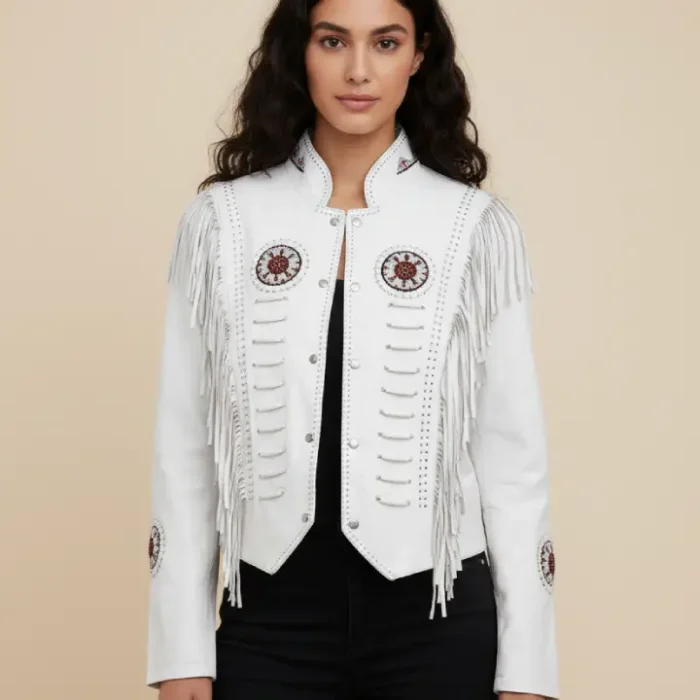 Classyak Women Western Leather Jacket, Fringed & Bones, A Grade Suede Leather front