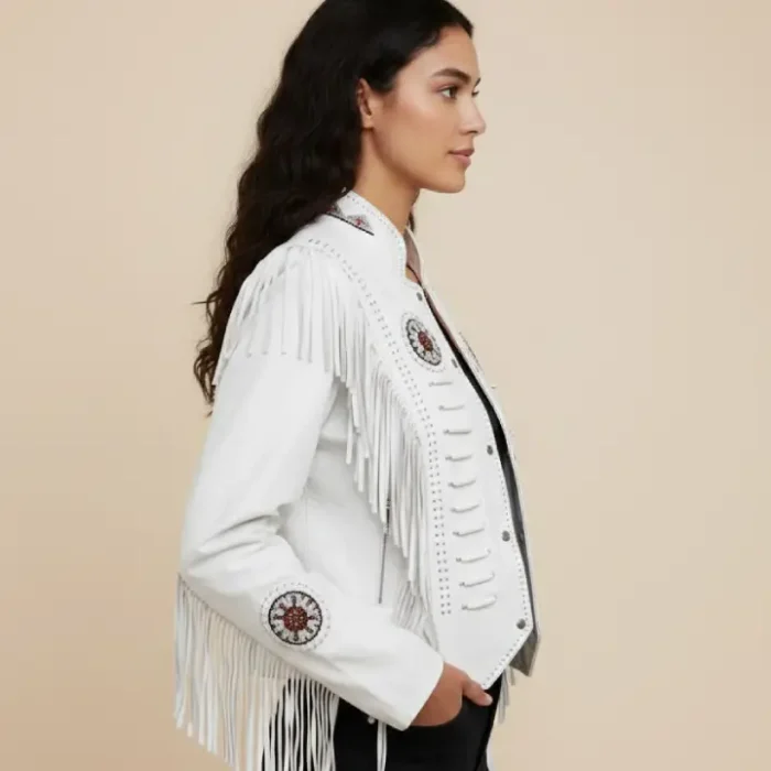 Classyak Women Western Leather Jacket, Fringed & Bones, A Grade Suede Leather side