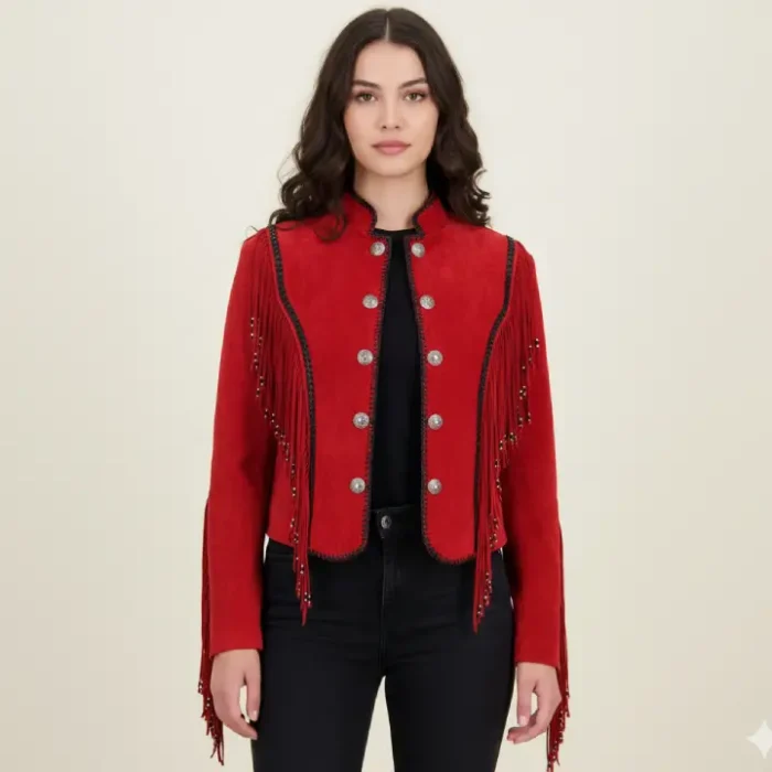 Classyak Women's Western Fringed Top Quality Suede Leather Coat front Classyak Women's Western Fringed Top Quality Suede Leather Coat front