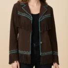 Classyak Women's Western Style Cowgirl Suede Leather Quality Fringed Jacket front