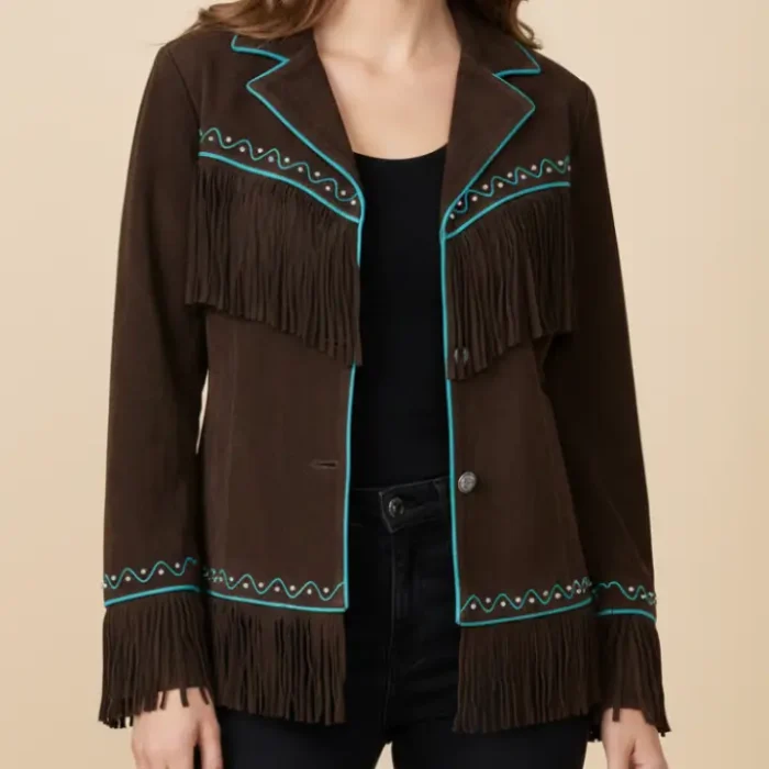 Classyak Women's Western Style Cowgirl Suede Leather Quality Fringed Jacket front