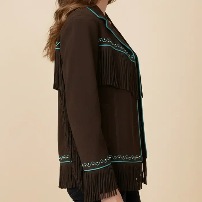 Classyak Women's Western Style Cowgirl Suede Leather Quality Fringed Jacket side