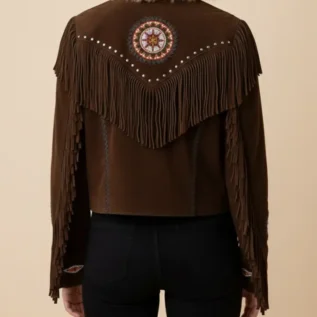 Classyak Women's Western Suede Leather Jacket with Beads, Fringes and Bones back