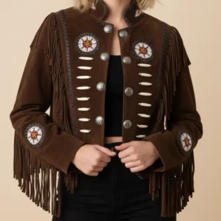 Classyak Women's Western Suede Leather Jacket with Beads, Fringes and Bones front