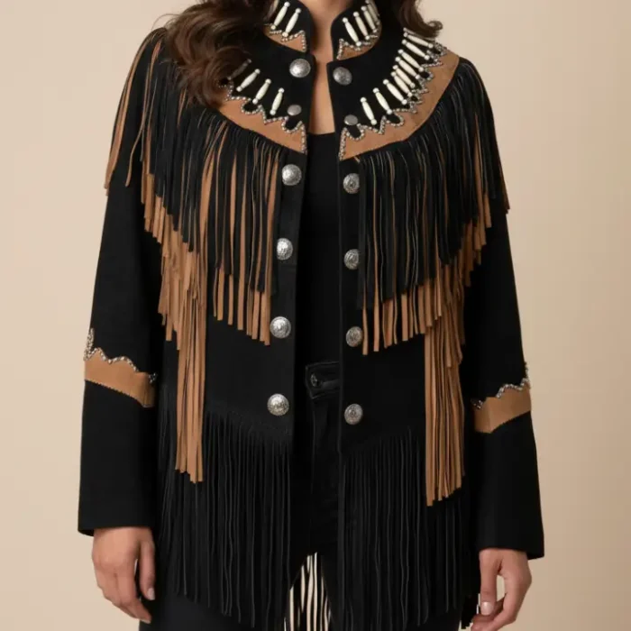 Classyak Women's Western Suede Leather Top Quality Fringed Jacket front