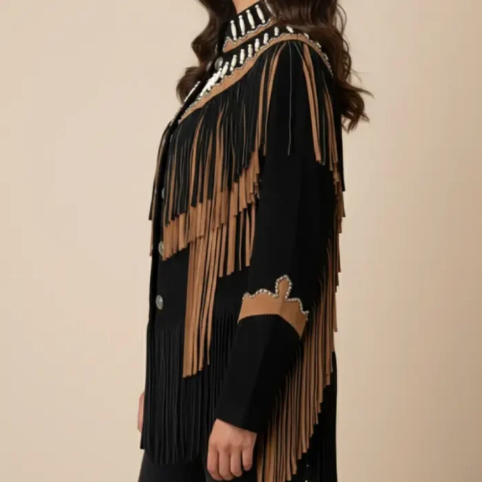 Classyak Women's Western Suede Leather Top Quality Fringed Jacket side