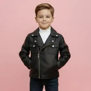 Cool Korean Style Kids Motorcycle Jacket Pure Color Autumn New Retro Hong Kong Style Leather Coat Boys Girls Fashion Top front