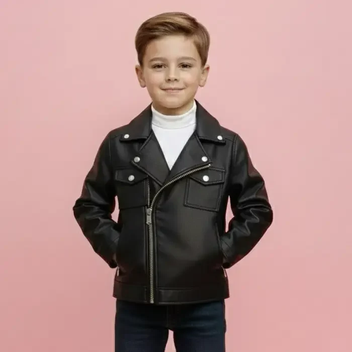Cool Korean Style Kids Motorcycle Jacket Pure Color Autumn New Retro Hong Kong Style Leather Coat Boys Girls Fashion Top front