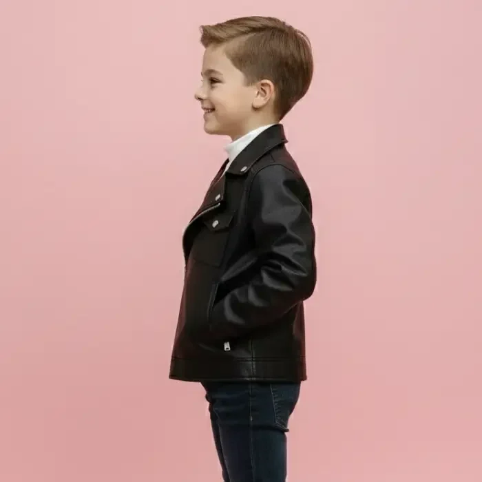 Cool Korean Style Kids Motorcycle Jacket Pure Color Autumn New Retro Hong Kong Style Leather Coat Boys Girls Fashion Top side