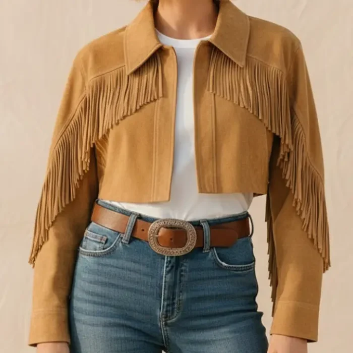 Cowgirl Cropped Suede Jacket Tan Western Fringe Leather Jacket Women front