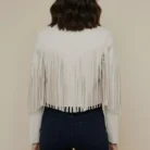 Creme Vegan Suede Fringe Moto Jacket Western Faux Leather Biker Style with Tassel Sleeves & Back back