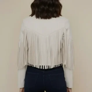 Creme Vegan Suede Fringe Moto Jacket Western Faux Leather Biker Style with Tassel Sleeves & Back back