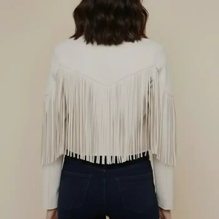 Creme Vegan Suede Fringe Moto Jacket Western Faux Leather Biker Style with Tassel Sleeves & Back back
