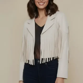 Creme Vegan Suede Fringe Moto Jacket Western Faux Leather Biker Style with Tassel Sleeves & Back front