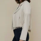 Creme Vegan Suede Fringe Moto Jacket Western Faux Leather Biker Style with Tassel Sleeves & Back side