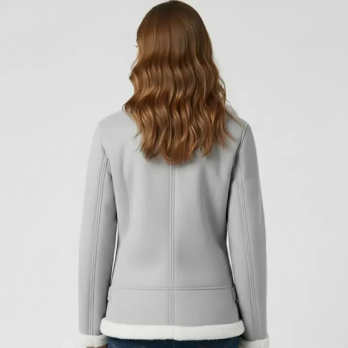 Women’s Grey Suede Shearling Jacket back Women’s Grey Suede Shearling Jacket back