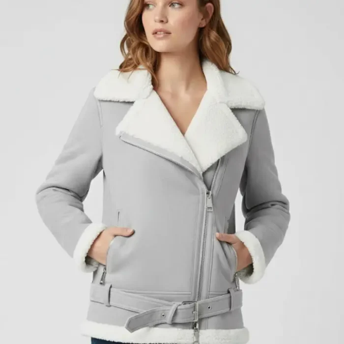 Women’s Grey Suede Shearling Jacket front Women’s Grey Suede Shearling Jacket front