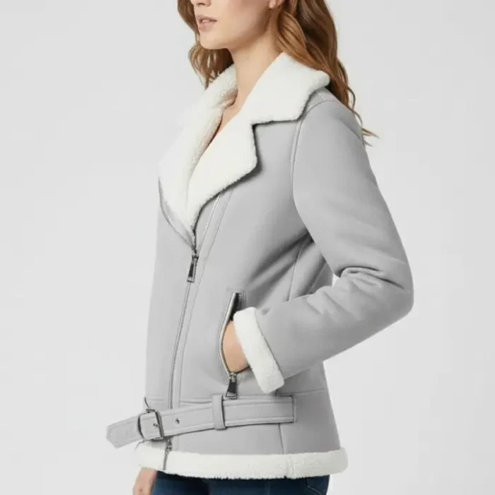 Women’s Grey Suede Shearling Jacket side Women’s Grey Suede Shearling Jacket side