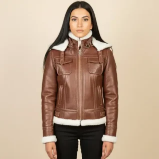Fiona Brown Hooded Shearling Leather Jacket front