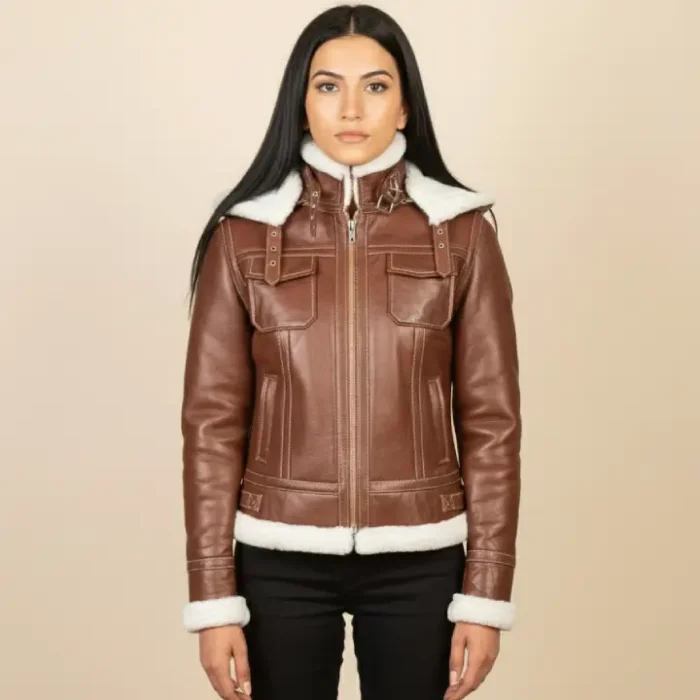 Fiona Brown Hooded Shearling Leather Jacket front