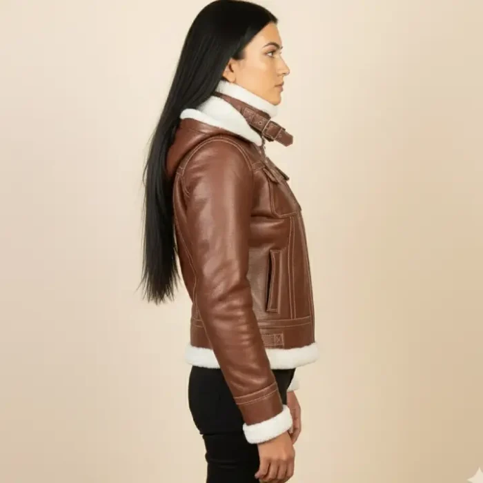 Fiona Brown Hooded Shearling Leather Jacket side