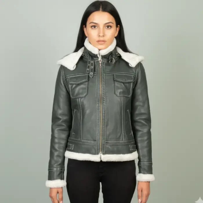 Fiona Green Hooded Shearling Leather Jacket front Fiona Green Hooded Shearling Leather Jacket front