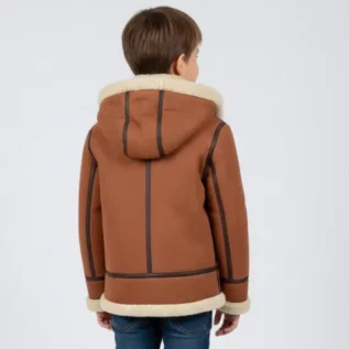 Genuine Shearling Sheepskin Aviator Jacket - Brown Hooded Leather Bomber back