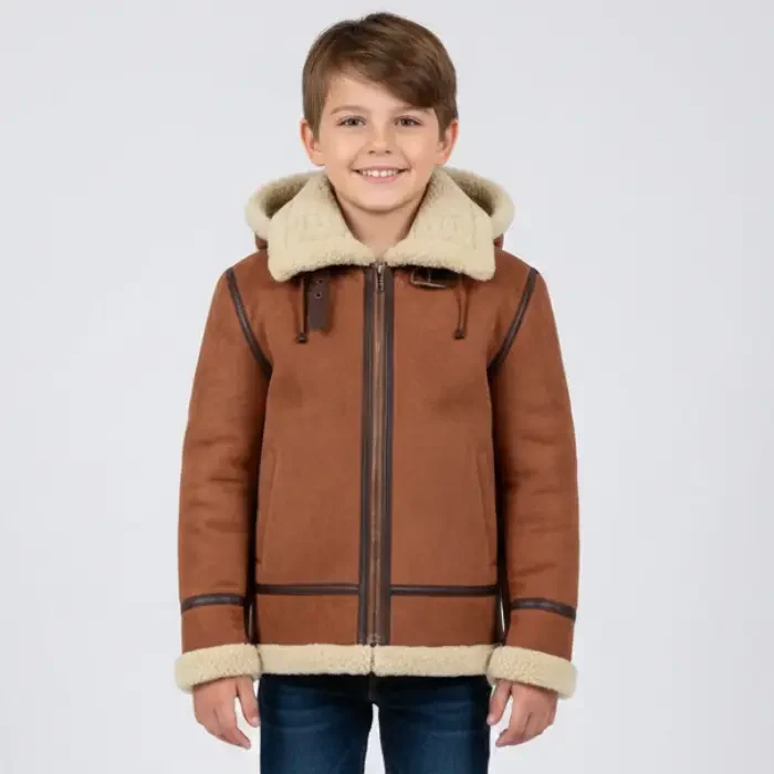 Genuine Shearling Sheepskin Aviator Jacket - Brown Hooded Leather Bomber front