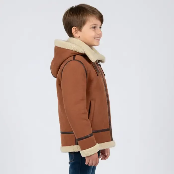Genuine Shearling Sheepskin Aviator Jacket - Brown Hooded Leather Bomber side