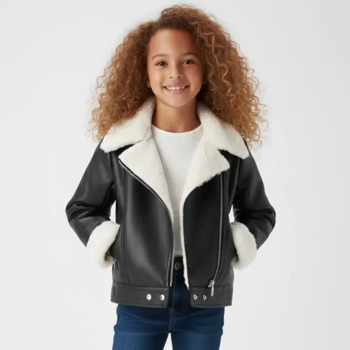 Girls Black PU Aviator Jacket front