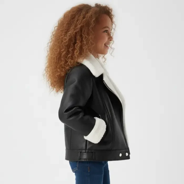 Girls Black PU Aviator Jacket side