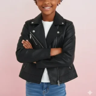 Girls Genuine Leather Biker Jacket - Handmade Moto Coat front