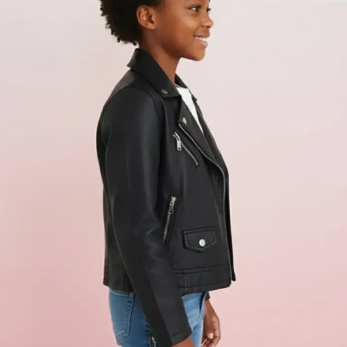 Girls Genuine Leather Biker Jacket - Handmade Moto Coat side