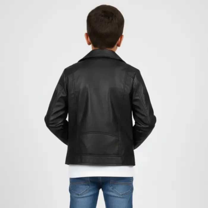 Girls Kids Real leather Biker Style Jacket Cross Zip Black back