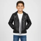 Girls Kids Real leather Biker Style Jacket Cross Zip Black front