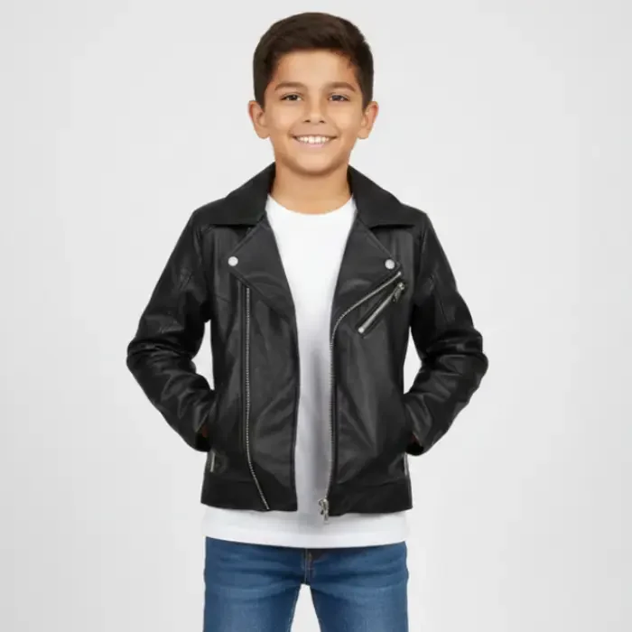 Girls Kids Real leather Biker Style Jacket Cross Zip Black front